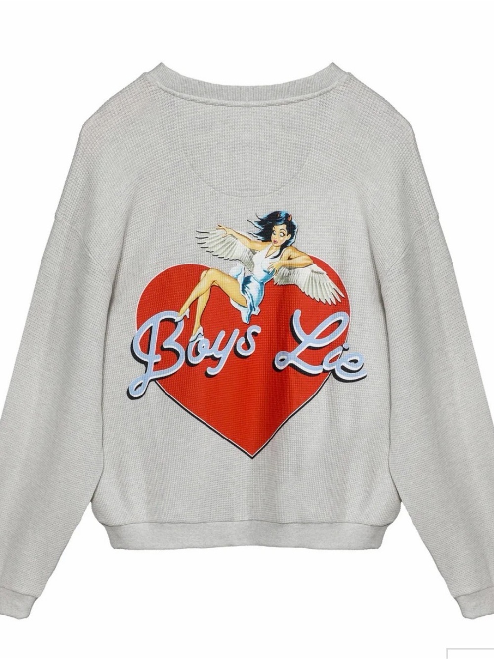 Boys Lie Heather Gray Crewneck Sweatshirt with Red Heart Pin-Up Graphic
